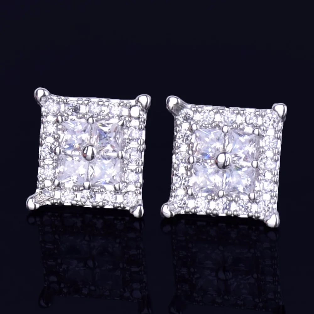 Men 12MM Square Baguette Zircon Stud Earring Silver And Gold